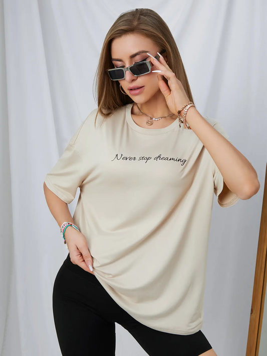 Elengatine Gentle Apricot Letter Graphic Drop Shoulder Tee