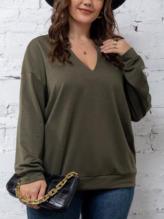 Elengatine Plus Solid V Neck Drop Shoulder Top