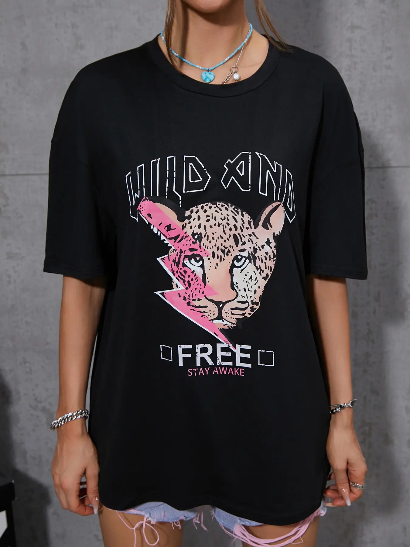 Elengatine Cheetah Graphic Printing Drop Shoulder Tee