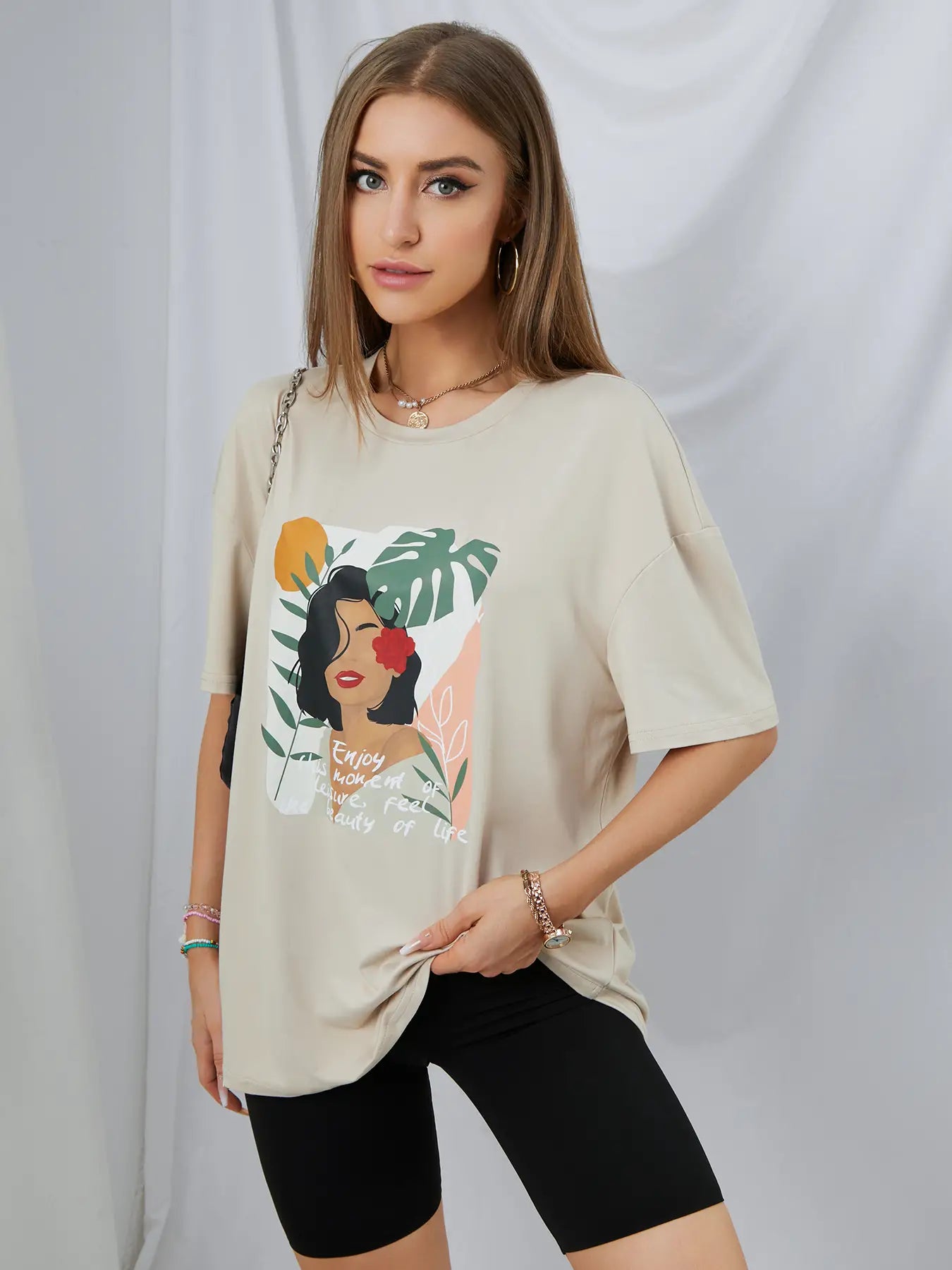 Elengatine Lovely Girl Graphic Printing Drop Shoulder Tee