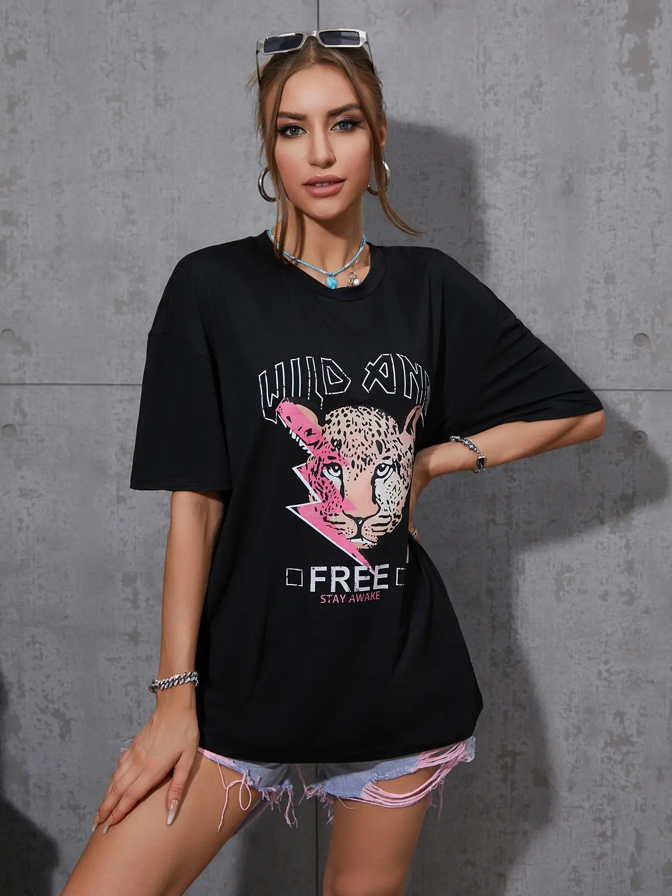 Elengatine Cheetah Graphic Printing Drop Shoulder Tee