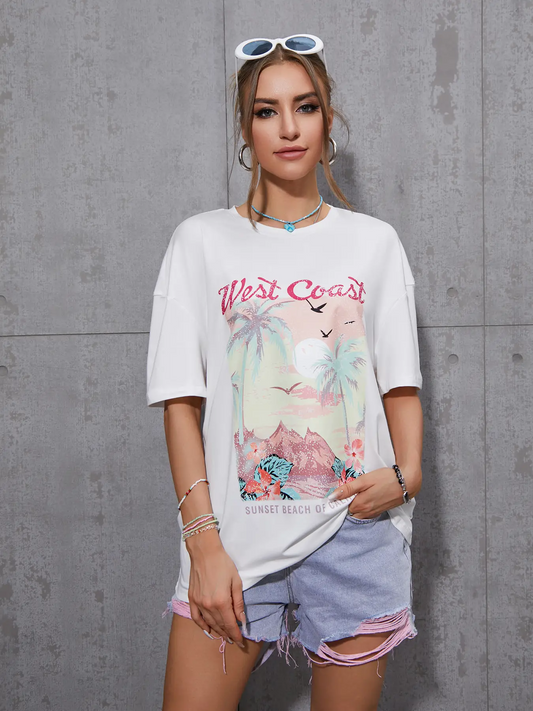 Elengatine Sunset Beach Letter Graphic Drop Shoulder Tee